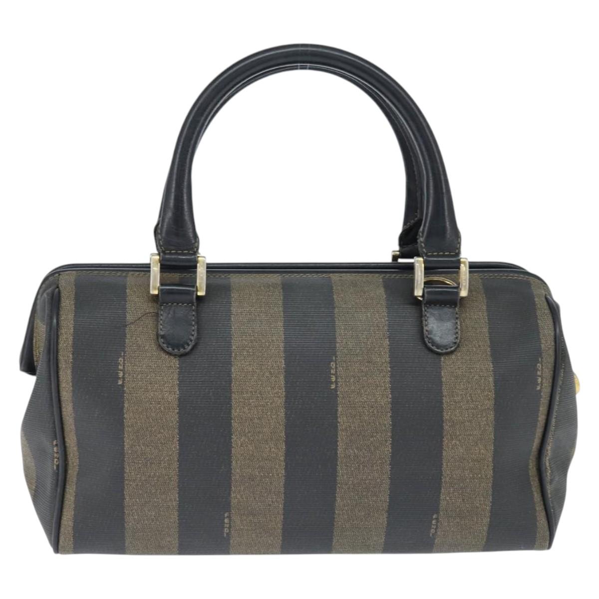 FENDI Pecan Canvas Boston Bag PVC Black Brown gold Auth 151068