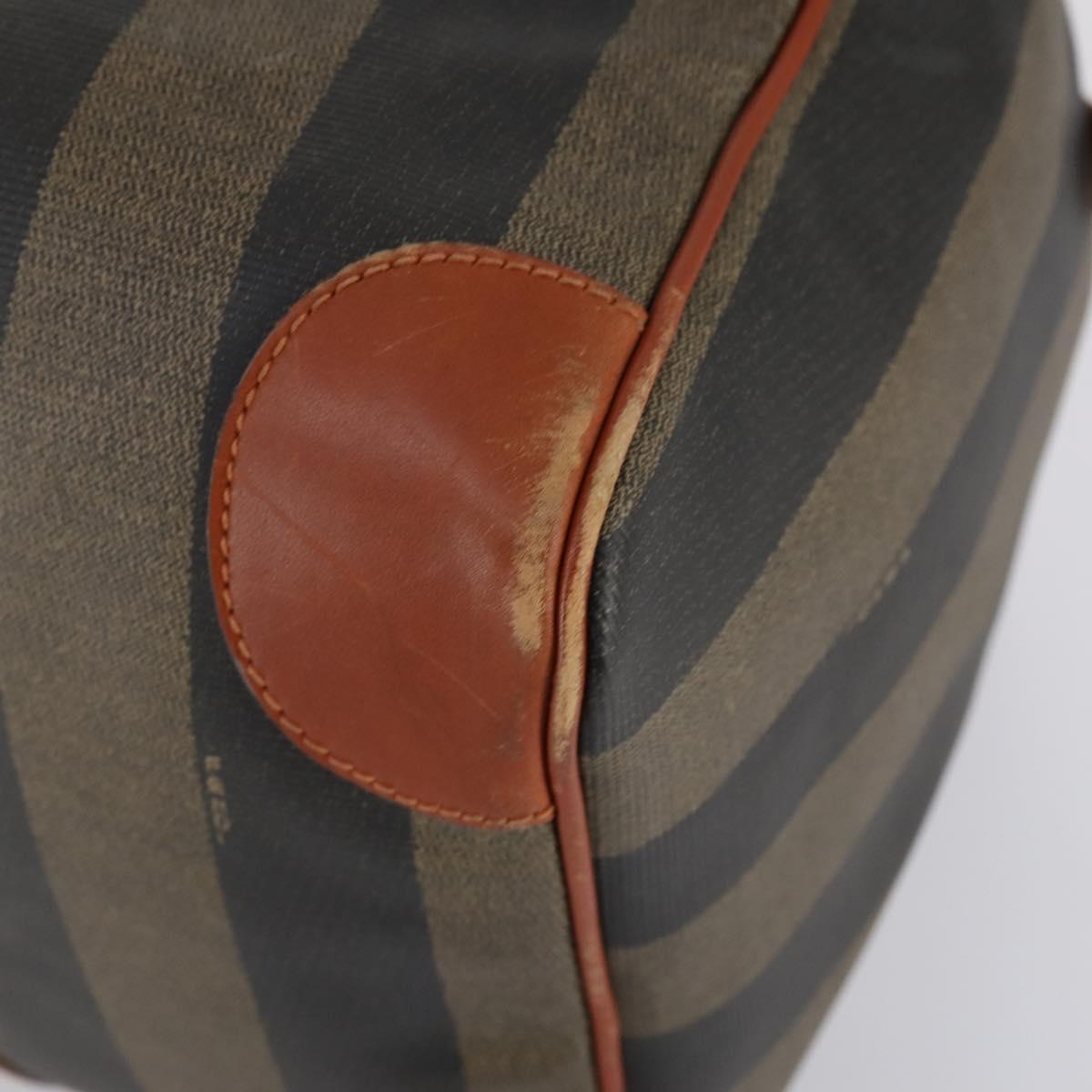 FENDI Pecan Canvas Boston Bag PVC Black Brown gold Auth 151069