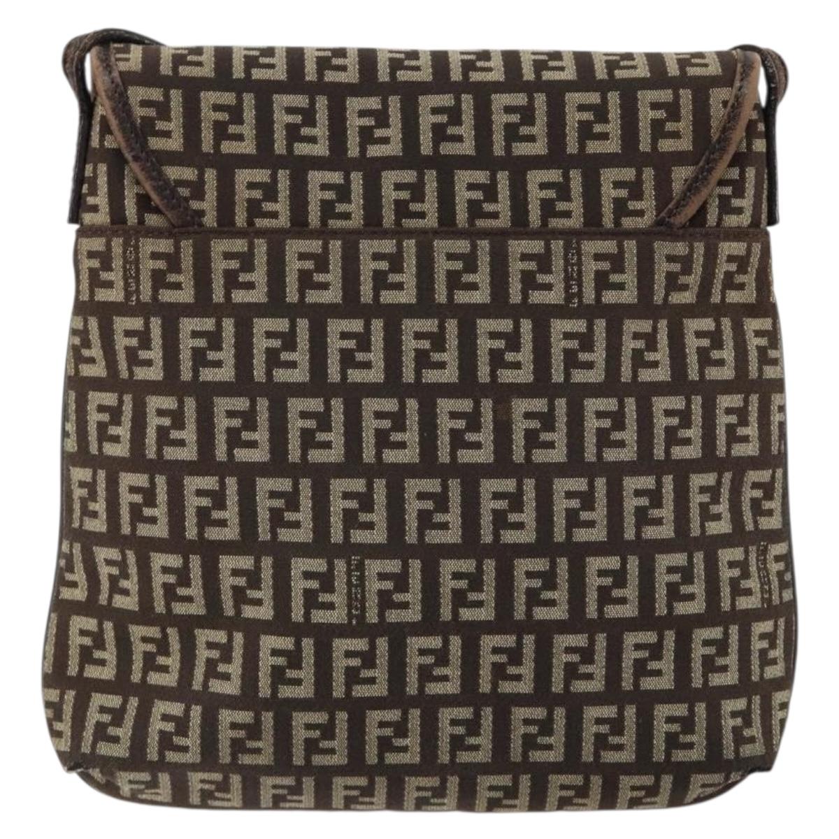 FENDI Zucchino Canvas Mamma Baguette Shoulder Bag Brown Silver Auth 151072