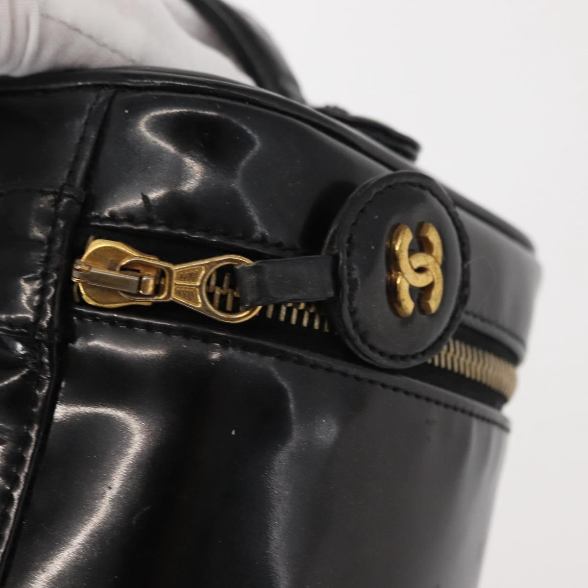 CHANEL COCO Mark Vanity Cosmetic Pouch Patent leather Black Gold CC Auth 151138