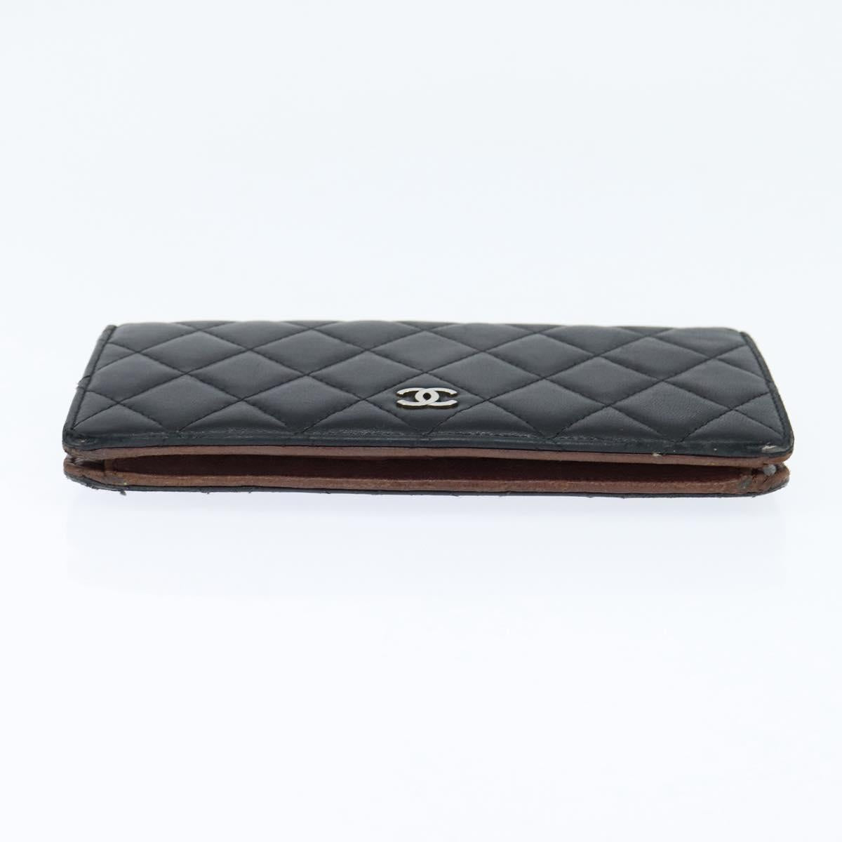 CHANEL Matelasse Long Wallet Lamb Skin Black Silver CC Auth 151173