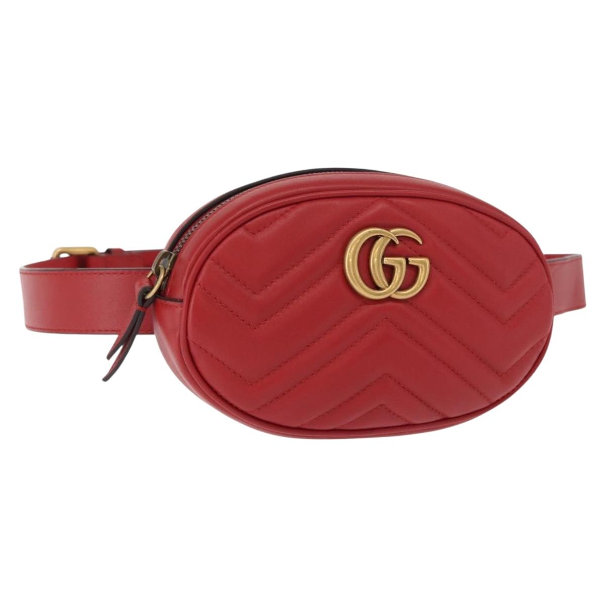 GUCCI GG Marmont Waist Bag Leather Red Gold 476434 Auth 151177M