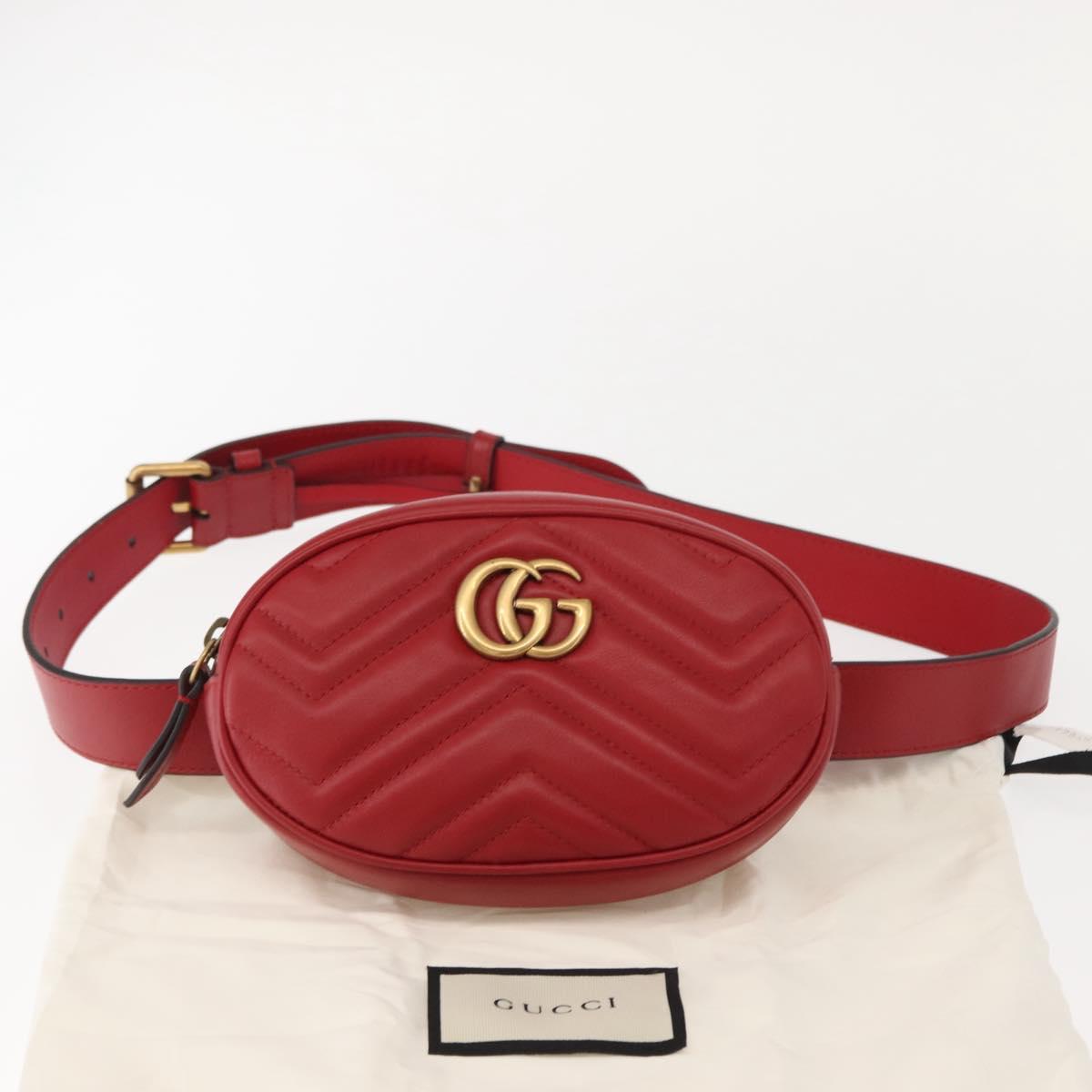 GUCCI GG Marmont Waist Bag Leather Red Gold 476434 Auth 151177M