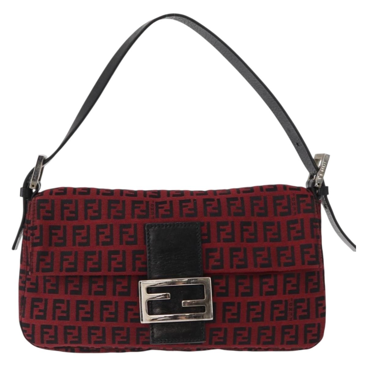 FENDI Zucchino Canvas Mamma Baguette Shoulder Bag Red Silver Auth 151195SAM