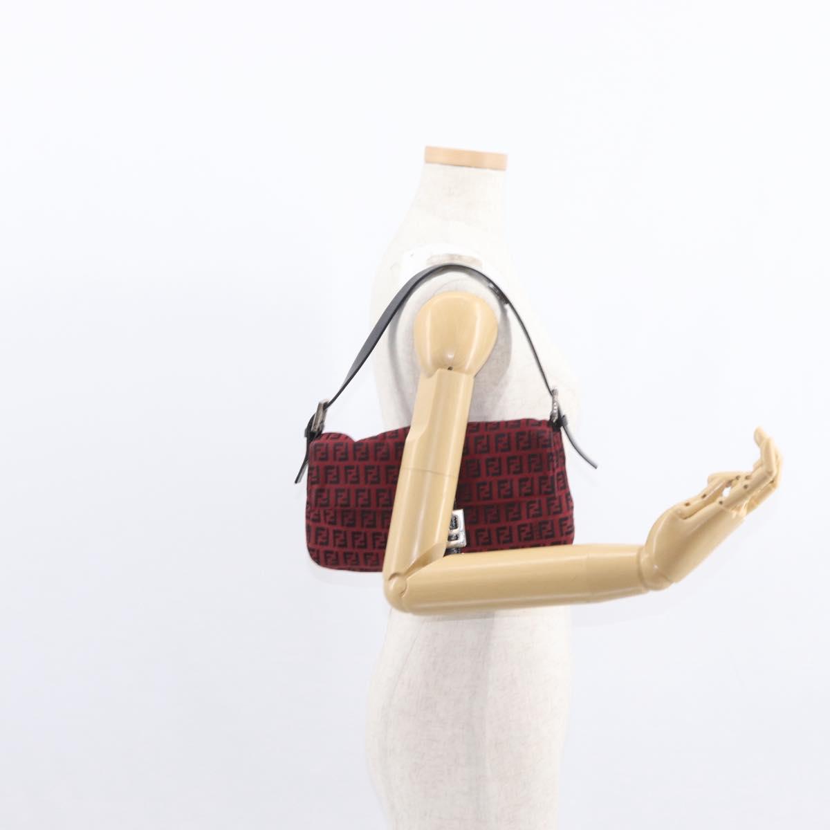 FENDI Zucchino Canvas Mamma Baguette Shoulder Bag Red Silver Auth 151195SAM