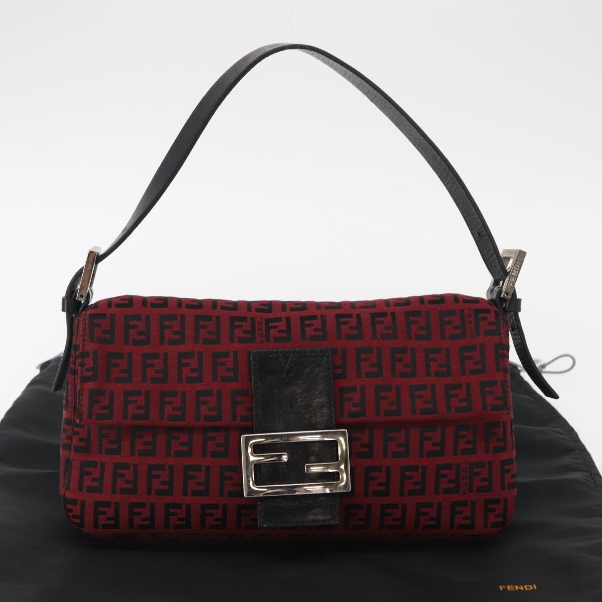 FENDI Zucchino Canvas Mamma Baguette Shoulder Bag Red Silver Auth 151195SAM