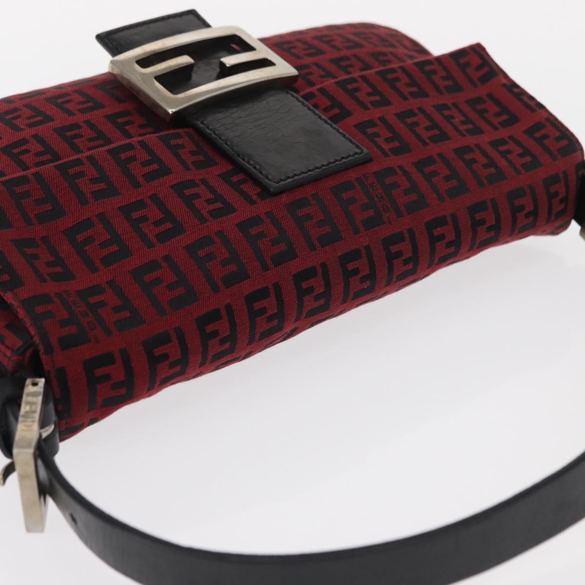 FENDI Zucchino Canvas Mamma Baguette Shoulder Bag Red Silver Auth 151195SAM