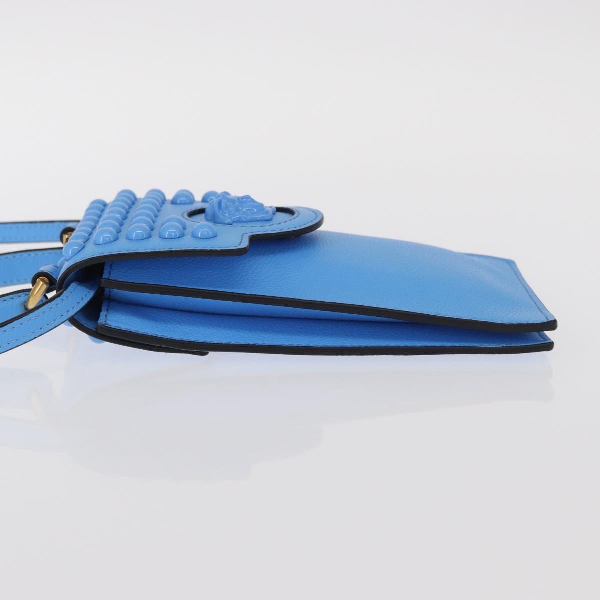 VERSACE Phone Pouch Shoulder Bag Leather 2way Light Blue Gold Auth 151198V