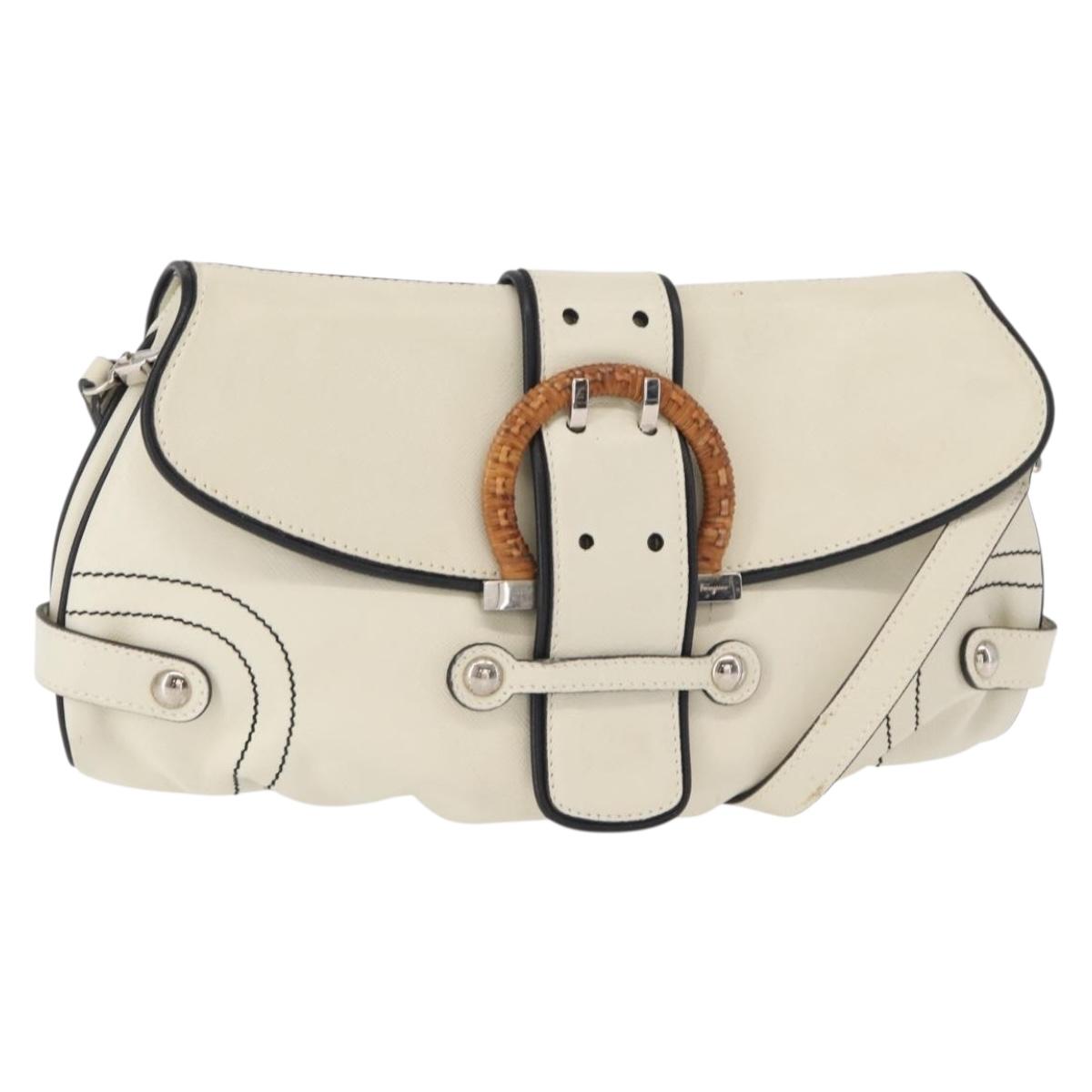 Salvatore Ferragamo Gancini Shoulder Bag Leather Silver White Auth 151258