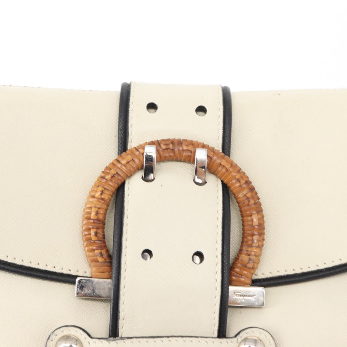 Salvatore Ferragamo Gancini Shoulder Bag Leather Silver White Auth 151258