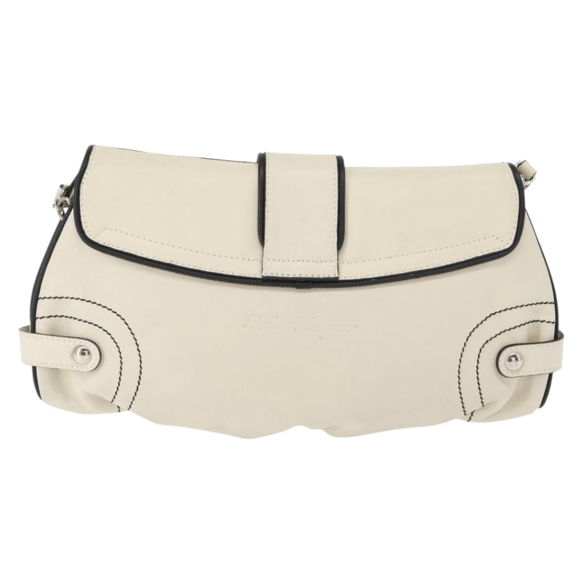 Salvatore Ferragamo Gancini Shoulder Bag Leather Silver White Auth 151258