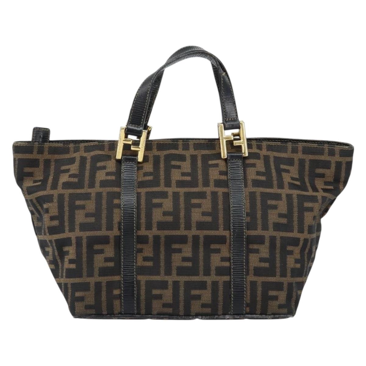 FENDI Zucca Canvas Hand Bag Black Brown gold Auth 151275