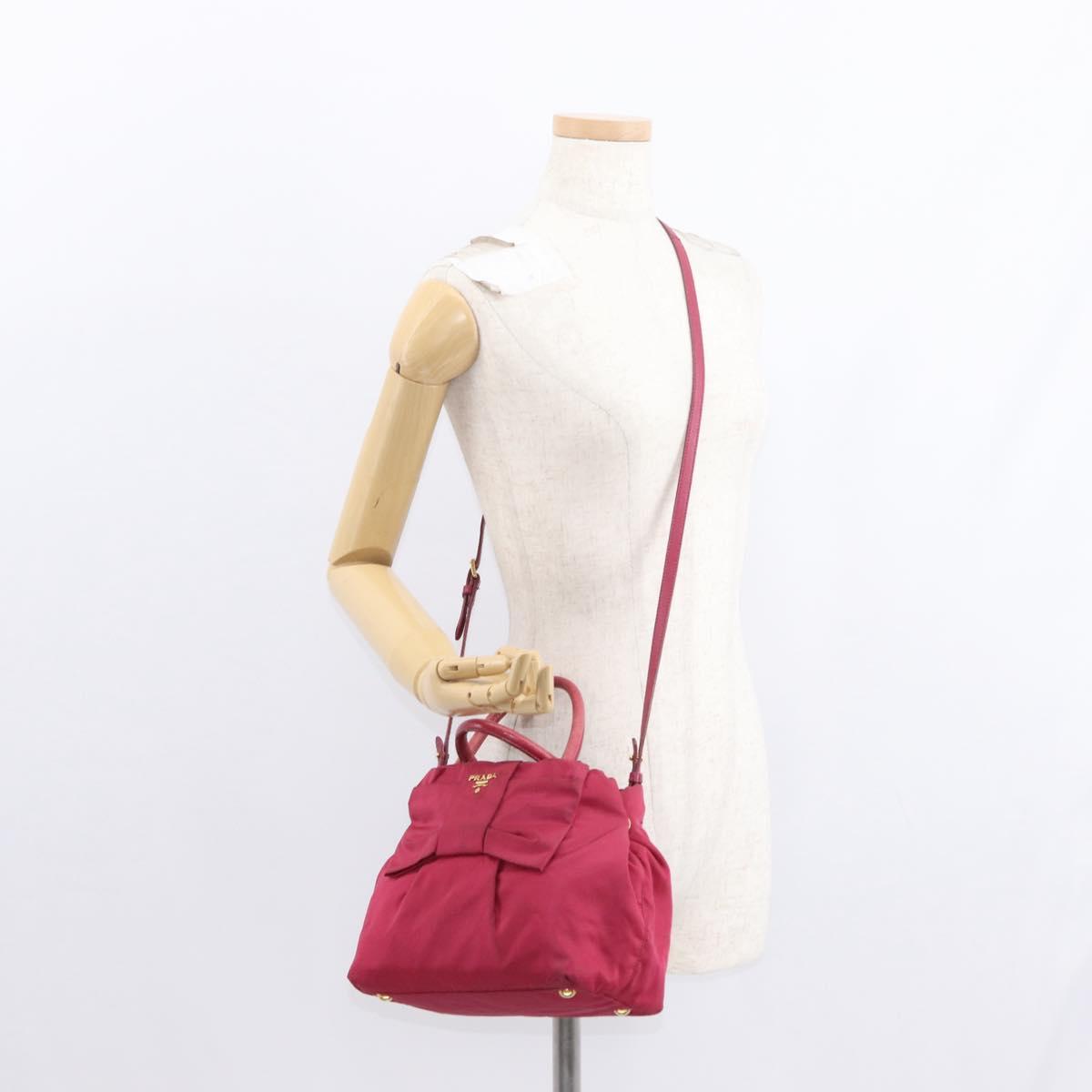 PRADA ribbon Hand Bag Nylon 2way Red Gold Auth 151316