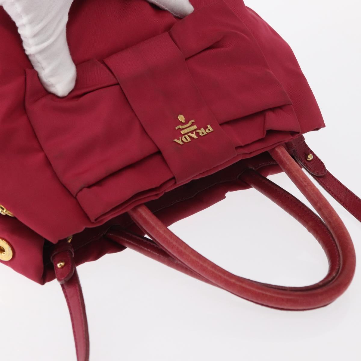 PRADA ribbon Hand Bag Nylon 2way Red Gold Auth 151316