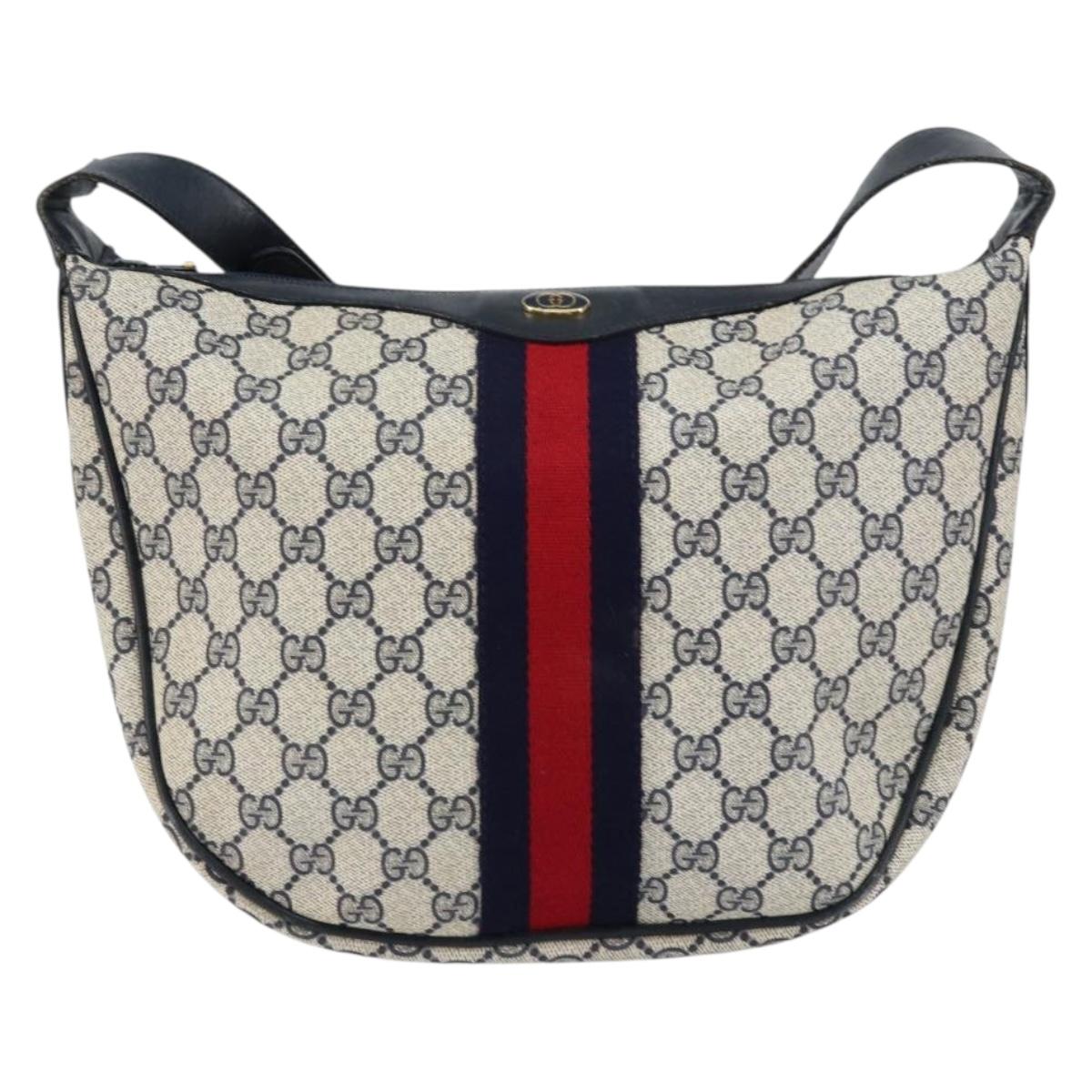 GUCCI GG Supreme Sherry Line Shoulder Bag PVC Navy Gold Red Auth 151330