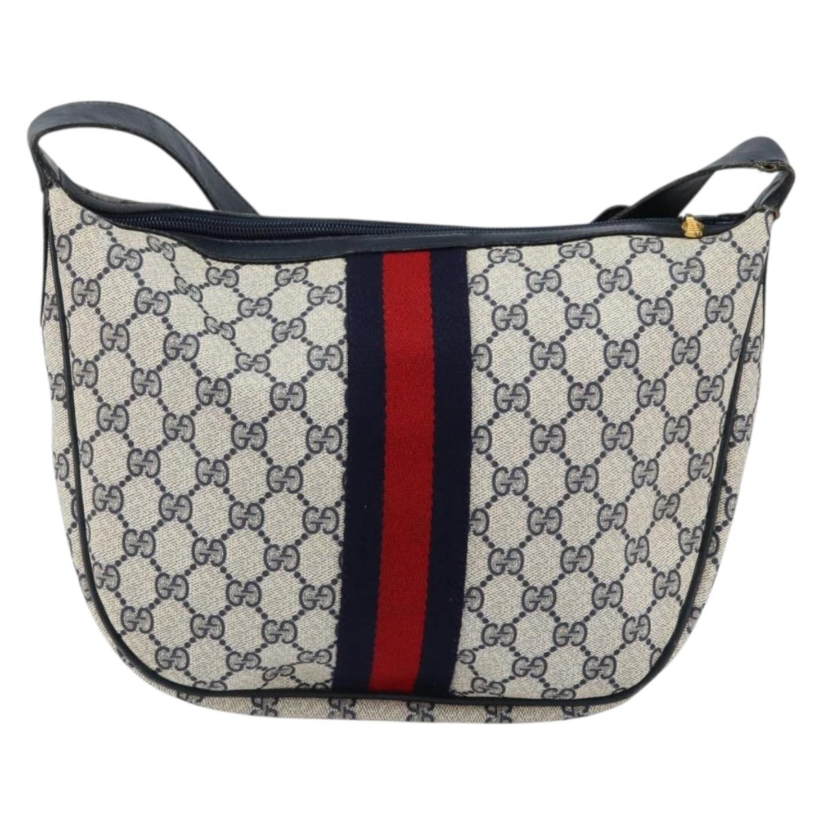 GUCCI GG Supreme Sherry Line Shoulder Bag PVC Navy Gold Red Auth 151330