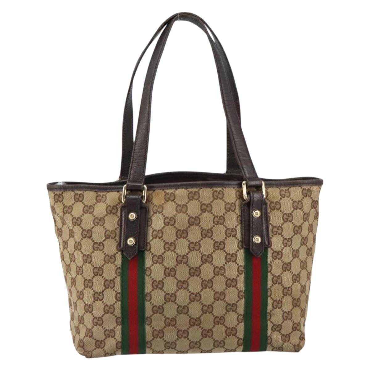 GUCCI GG Canvas Web Sherry Line Tote Bag Beige Gold Red 137396 Auth 151333