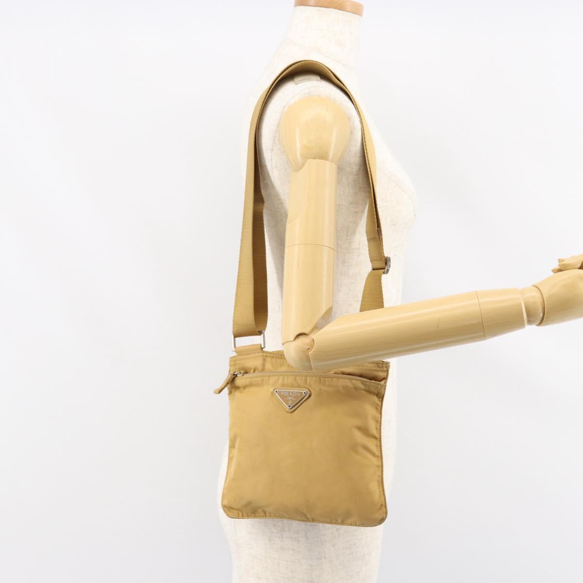 PRADA Shoulder Bag Nylon Beige Silver Auth 151338
