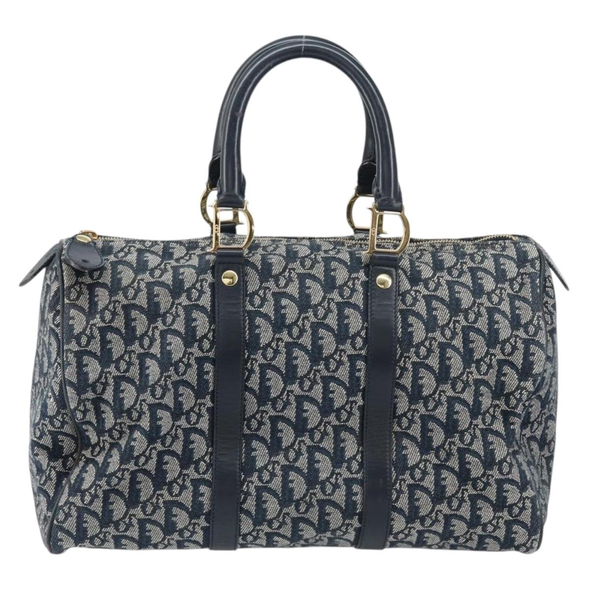 Christian Dior Trotter Canvas Boston Bag Navy Gold Auth 151345V