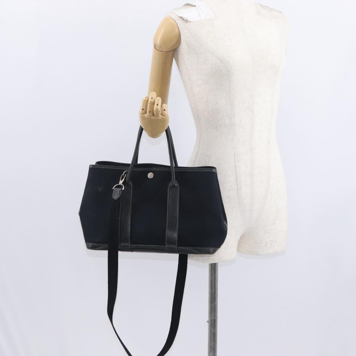 HERMES Garden Party TPM Hand Bag Canvas 2way Black Silver Auth 151346