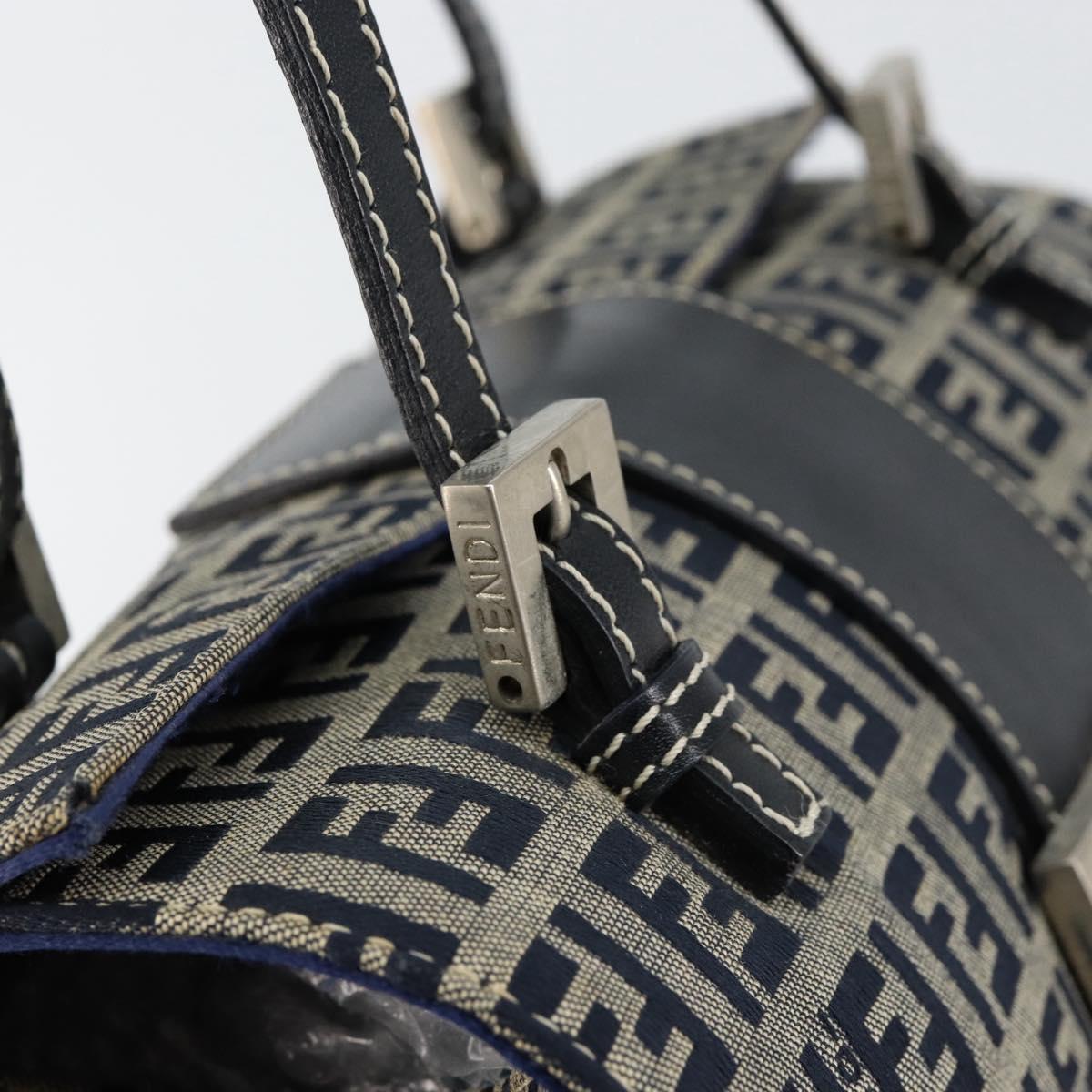 FENDI Zucchino Canvas Hand Bag Navy Silver Auth 151349