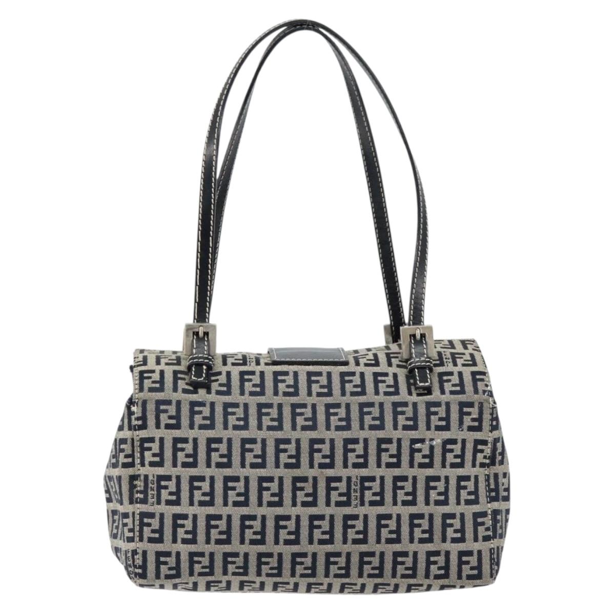 FENDI Zucchino Canvas Hand Bag Navy Silver Auth 151349
