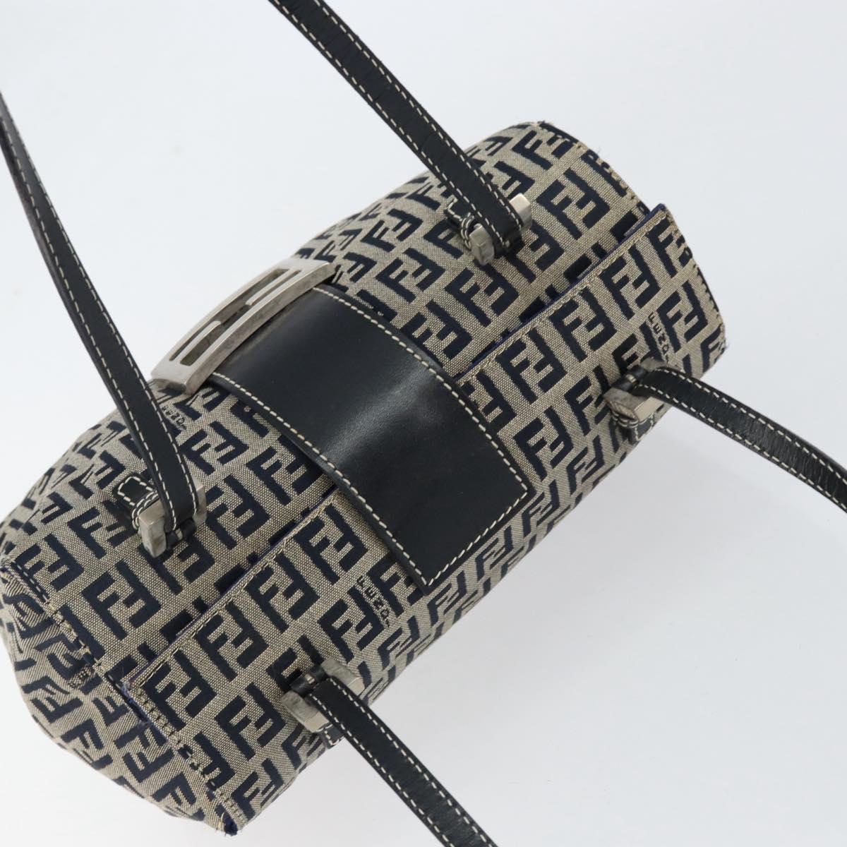 FENDI Zucchino Canvas Hand Bag Navy Silver Auth 151349