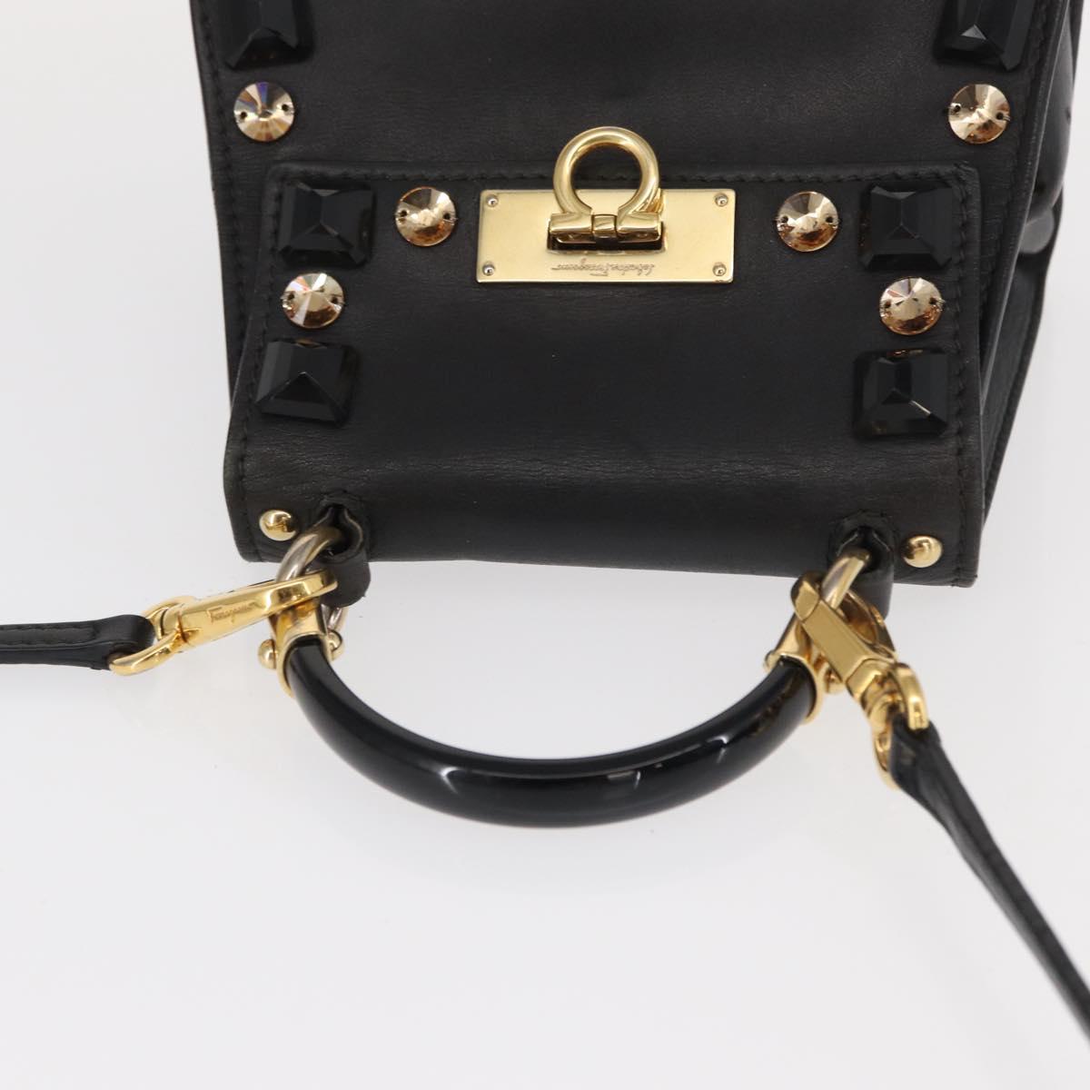 Salvatore Ferragamo Gancini Hand Bag Leather 2way Black Gold Auth 151370