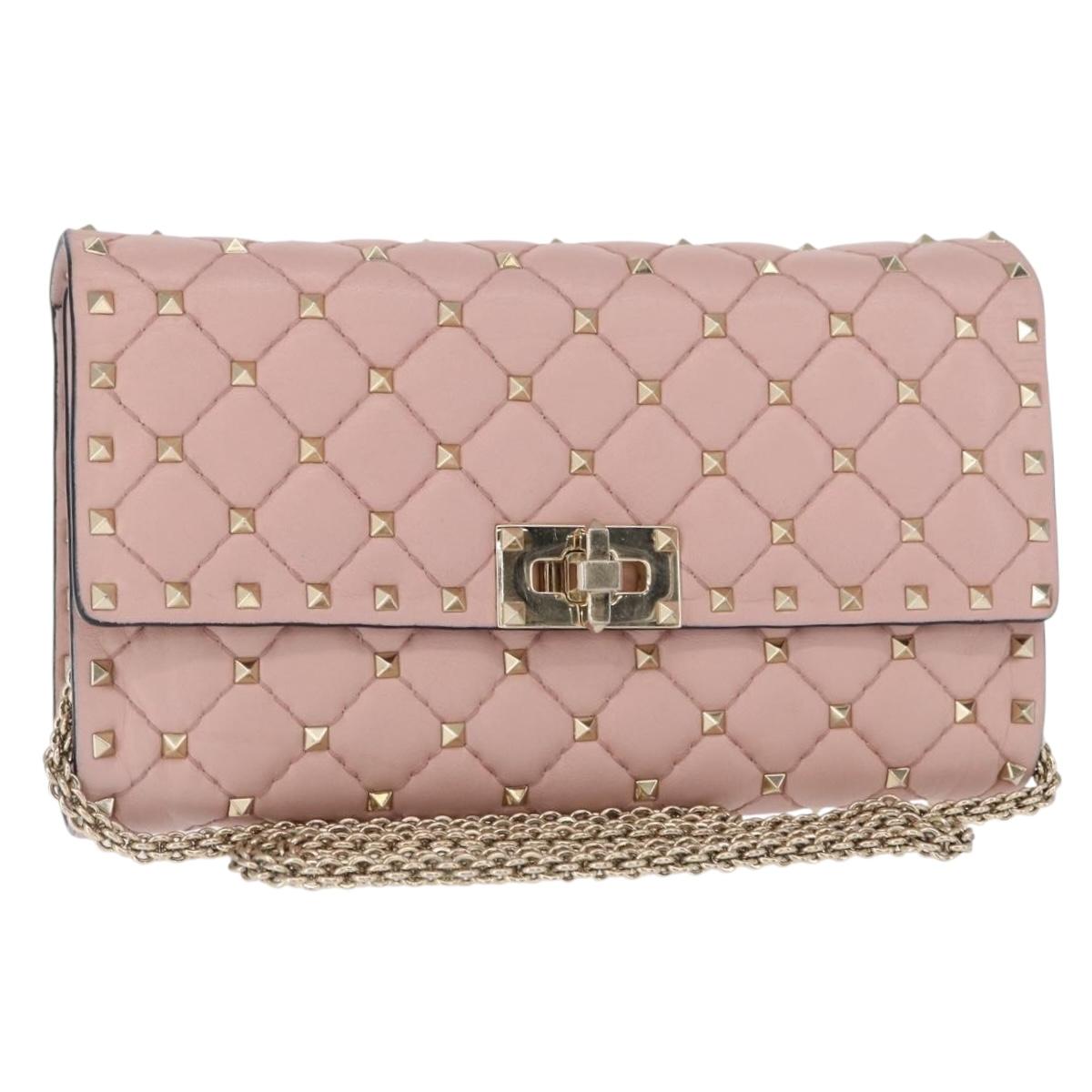 VALENTINO Chain Shoulder Bag Leather Pink Gold Auth 151371
