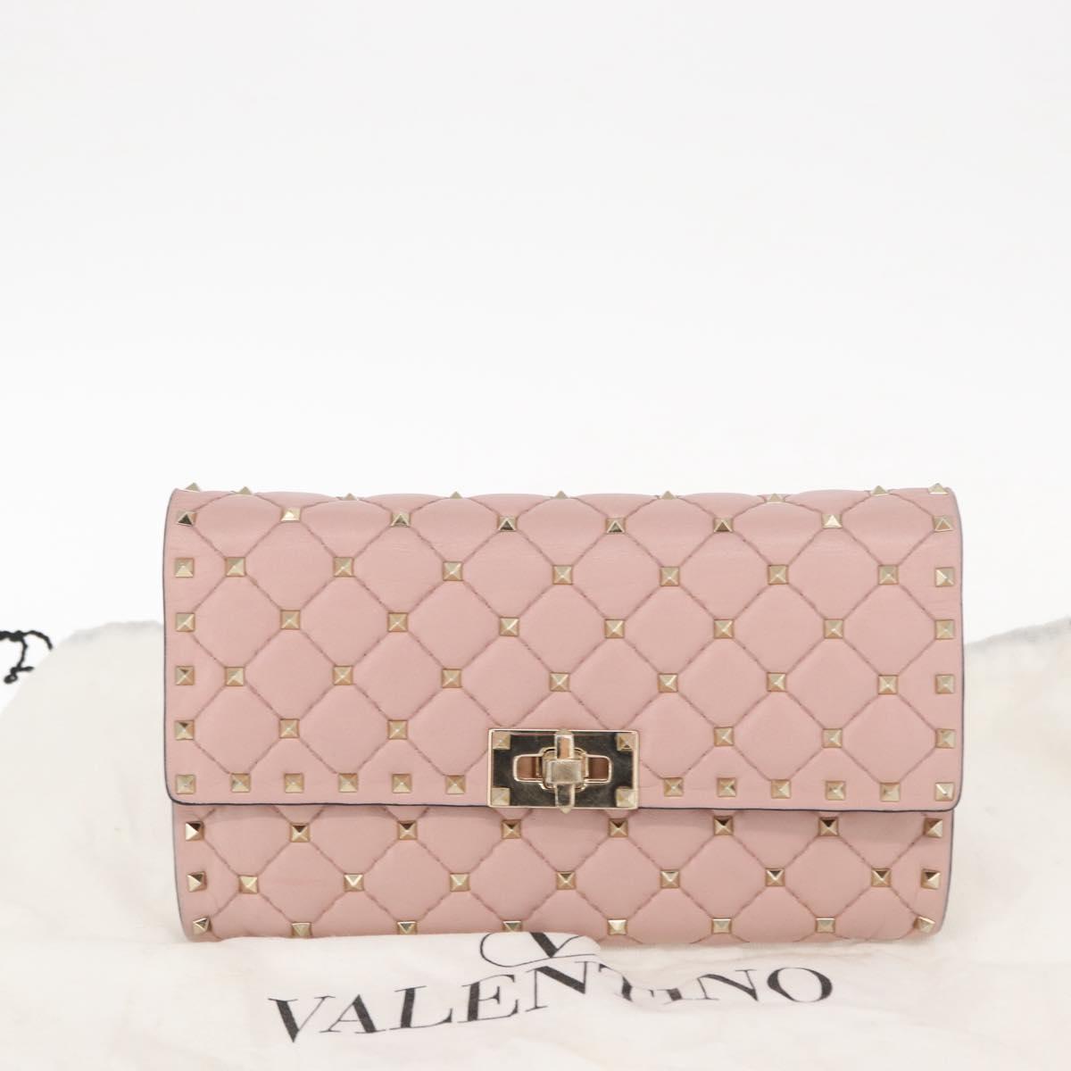 VALENTINO Chain Shoulder Bag Leather Pink Gold Auth 151371
