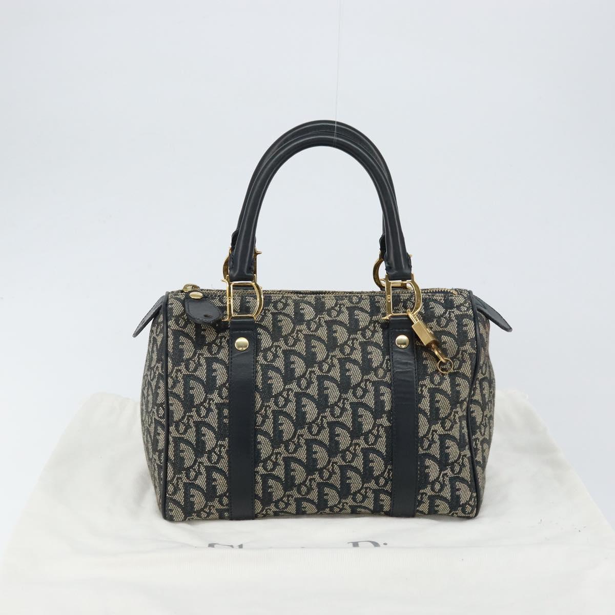 Christian Dior Trotter Canvas Boston Bag Navy Gold Auth 151399V