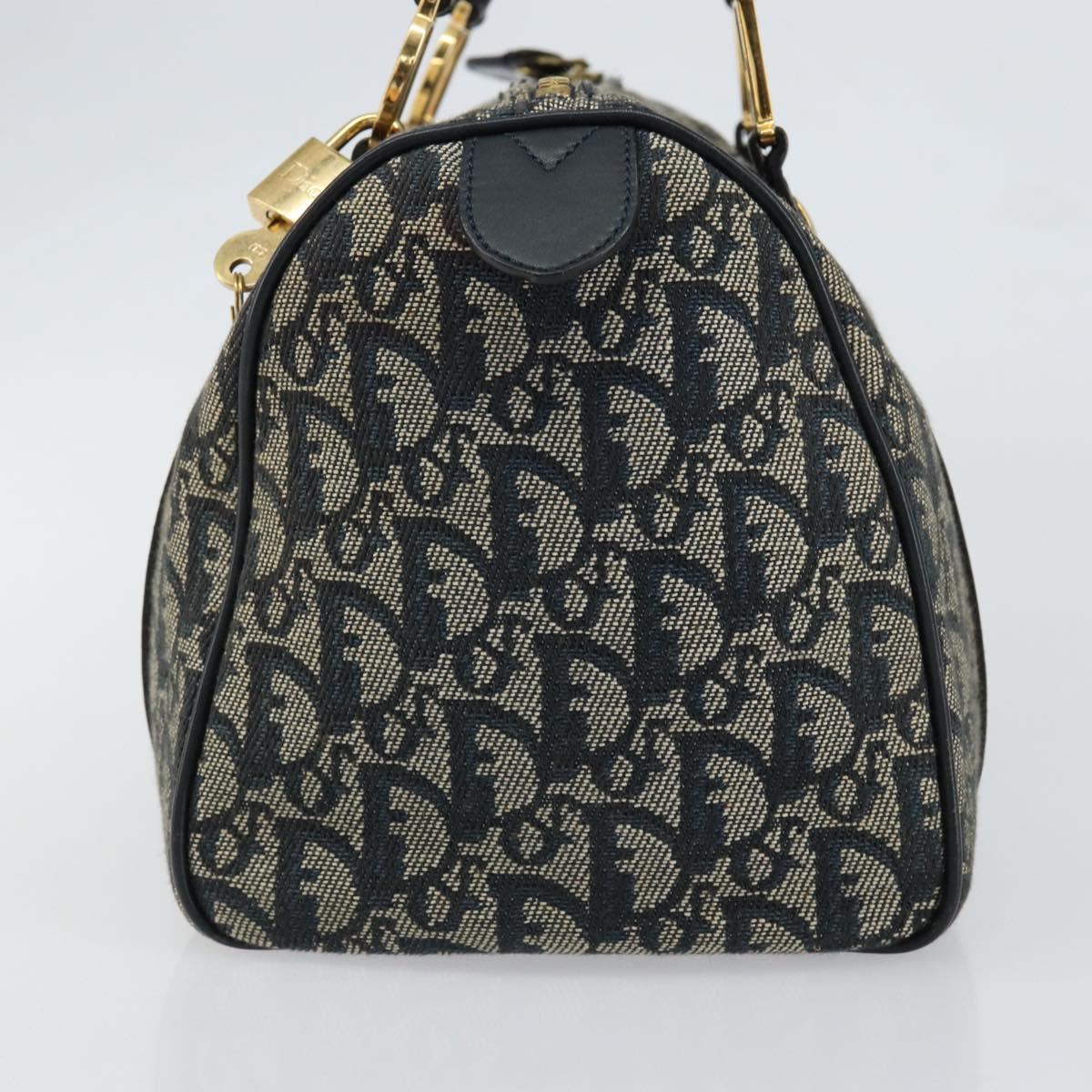 Christian Dior Trotter Canvas Boston Bag Navy Gold Auth 151399V