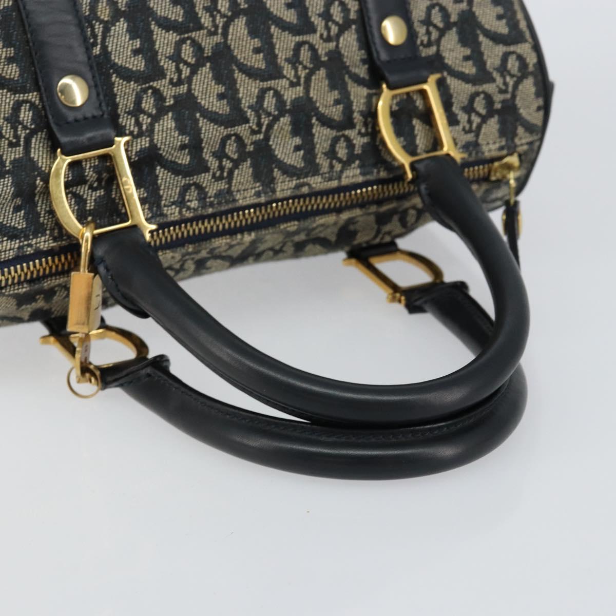 Christian Dior Trotter Canvas Boston Bag Navy Gold Auth 151399V
