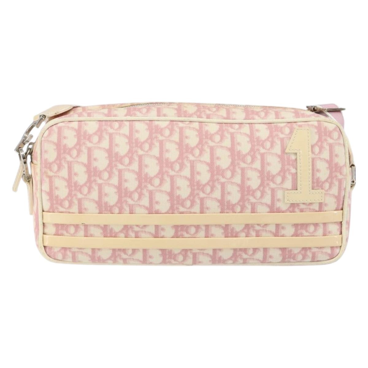 Christian Dior Trotter Canvas Shoulder Bag Pink Silver Auth 151400