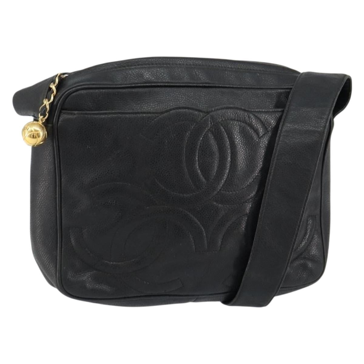 CHANEL Triple COCO Mark Shoulder Bag Caviar Skin Black Gold CC Auth 151405