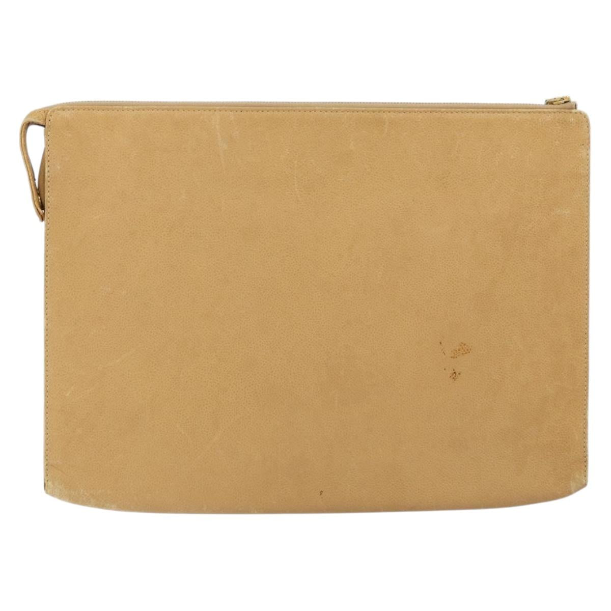 CHANEL COCO Mark Document Case Clutch Bag Caviar Skin Beige Gold CC Auth 151406