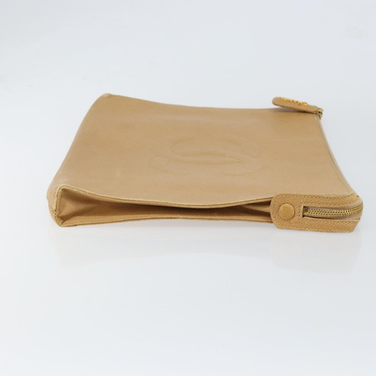 CHANEL COCO Mark Document Case Clutch Bag Caviar Skin Beige Gold CC Auth 151406