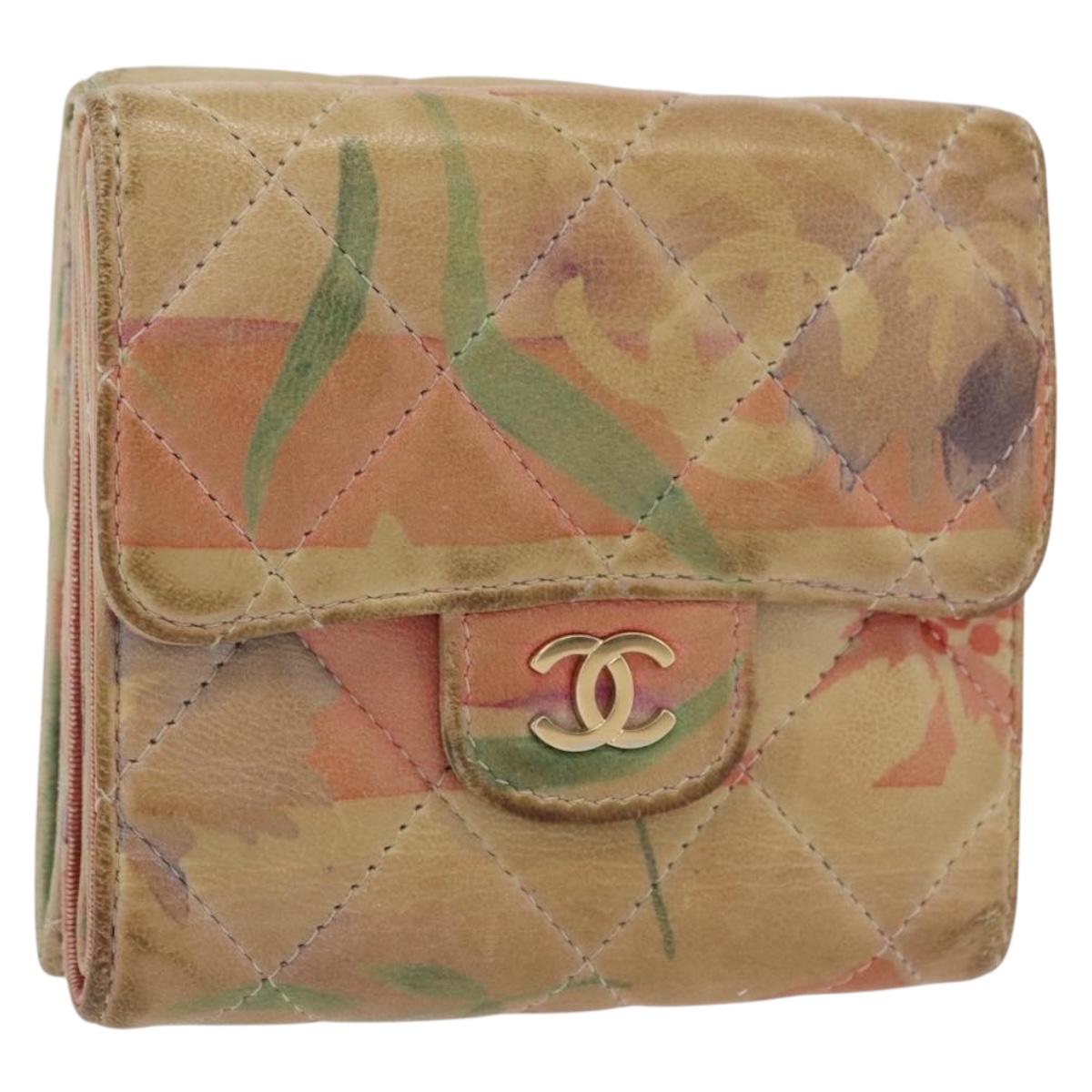 CHANEL Matelasse Compact Wallet Lamb Skin Multicolor CC Auth 151409