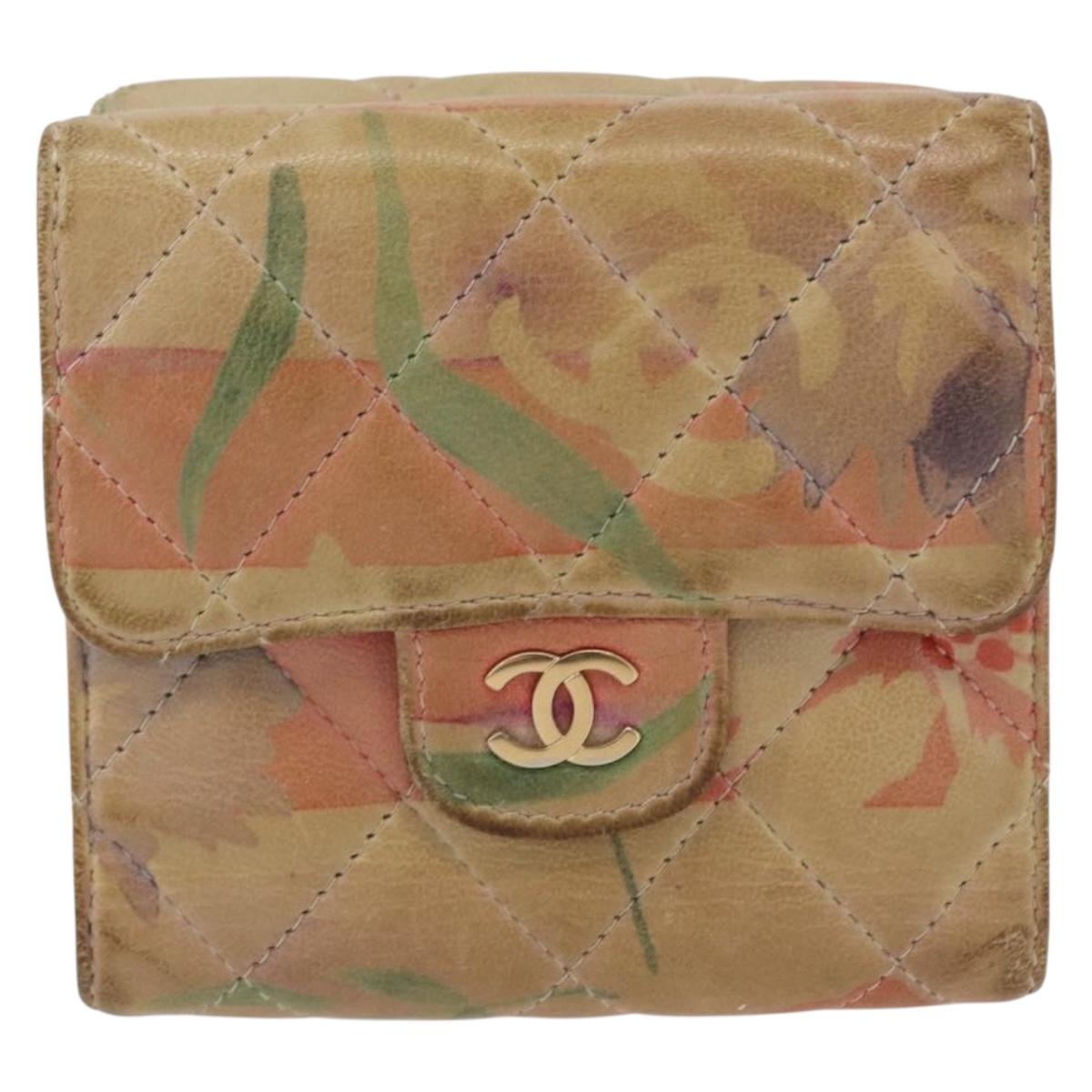 CHANEL Matelasse Compact Wallet Lamb Skin Multicolor CC Auth 151409