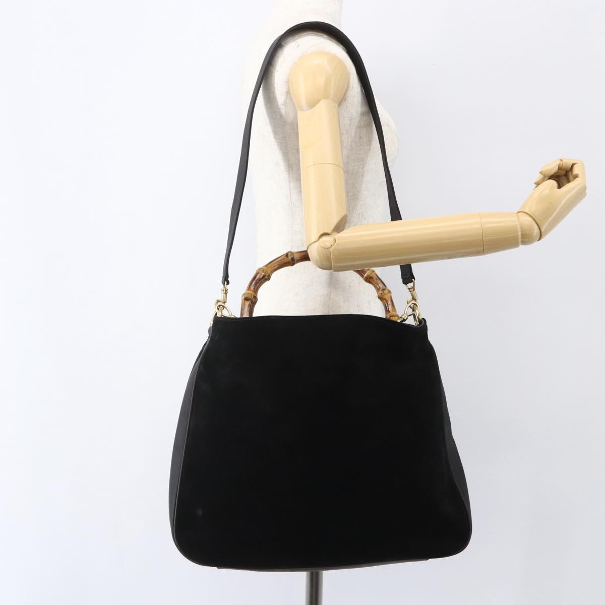 GUCCI Bamboo Shoulder Bag Suede 2way Black Gold 001 1577 2123 Auth 151425