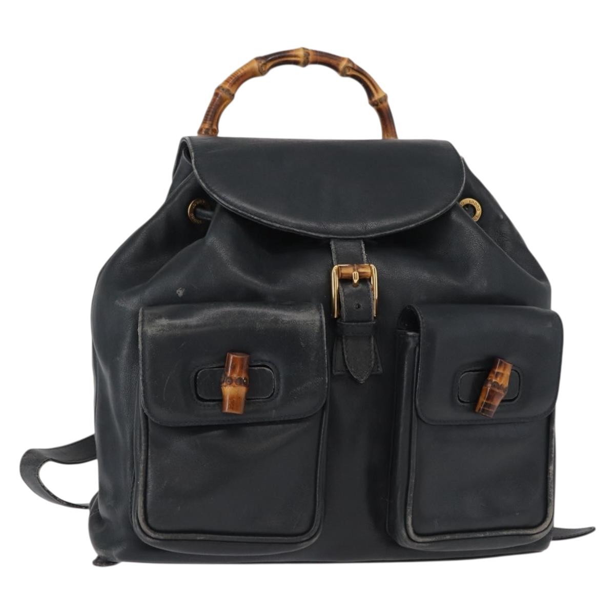GUCCI Bamboo Backpack Leather Navy Gold 003 2058 0016 Auth 151451