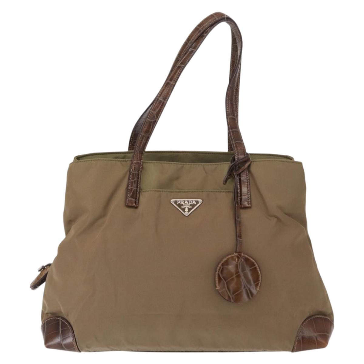 PRADA Shoulder Bag Nylon Beige Silver Auth 151464