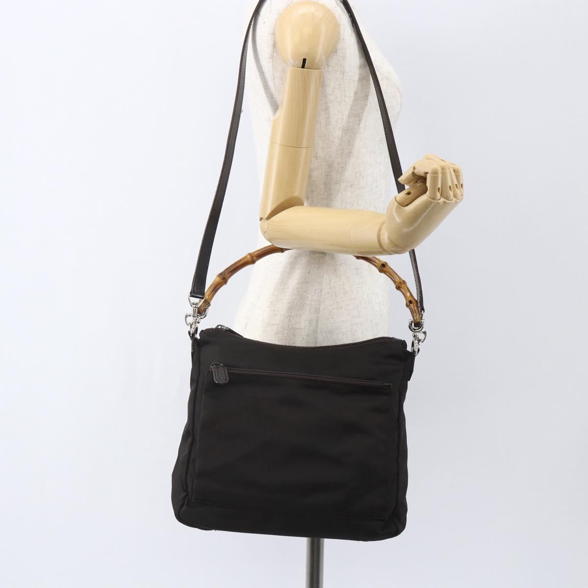 GUCCI Bamboo Shoulder Bag Nylon 2way Brown Silver 000 2404 0509 Auth 151472
