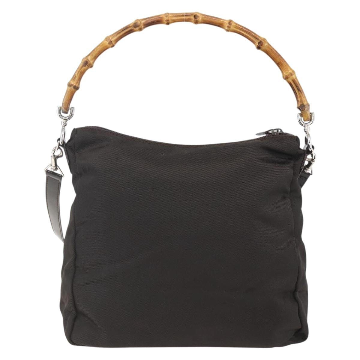 GUCCI Bamboo Shoulder Bag Nylon 2way Brown Silver 000 2404 0509 Auth 151472