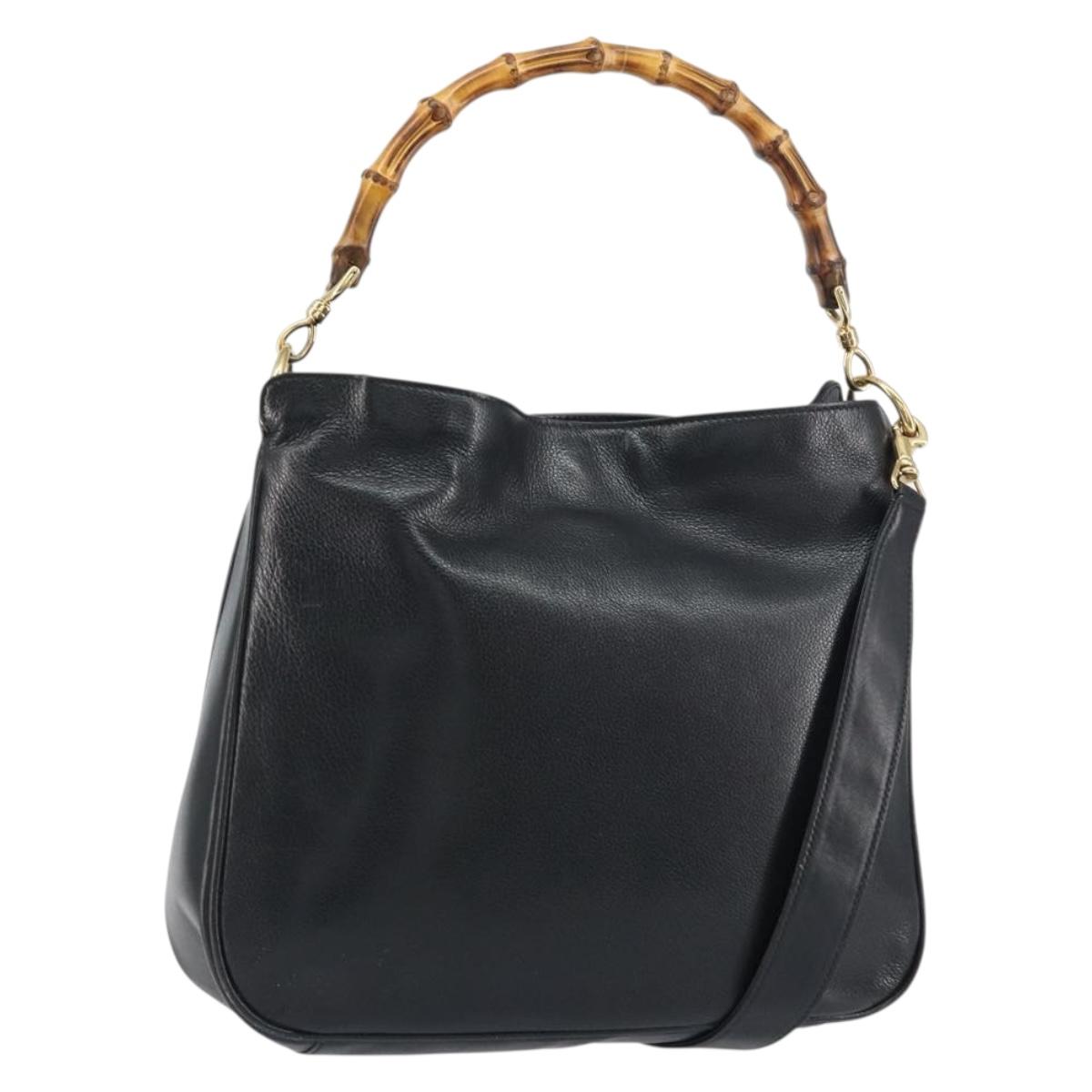 GUCCI Bamboo Shoulder Bag Leather 2way Black Gold 001 3444 1638 Auth 151473