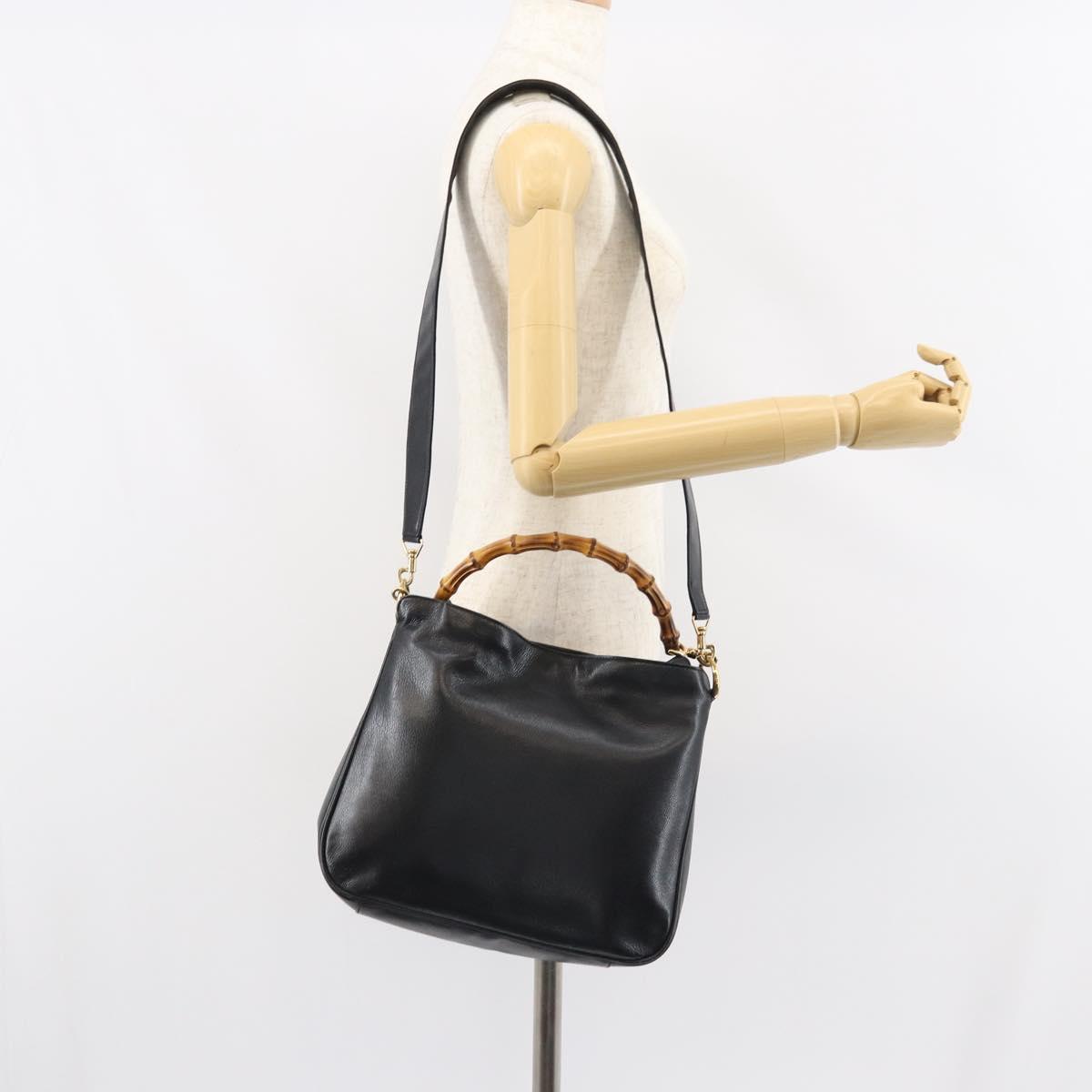 GUCCI Bamboo Shoulder Bag Leather 2way Black Gold 001 3444 1638 Auth 151473
