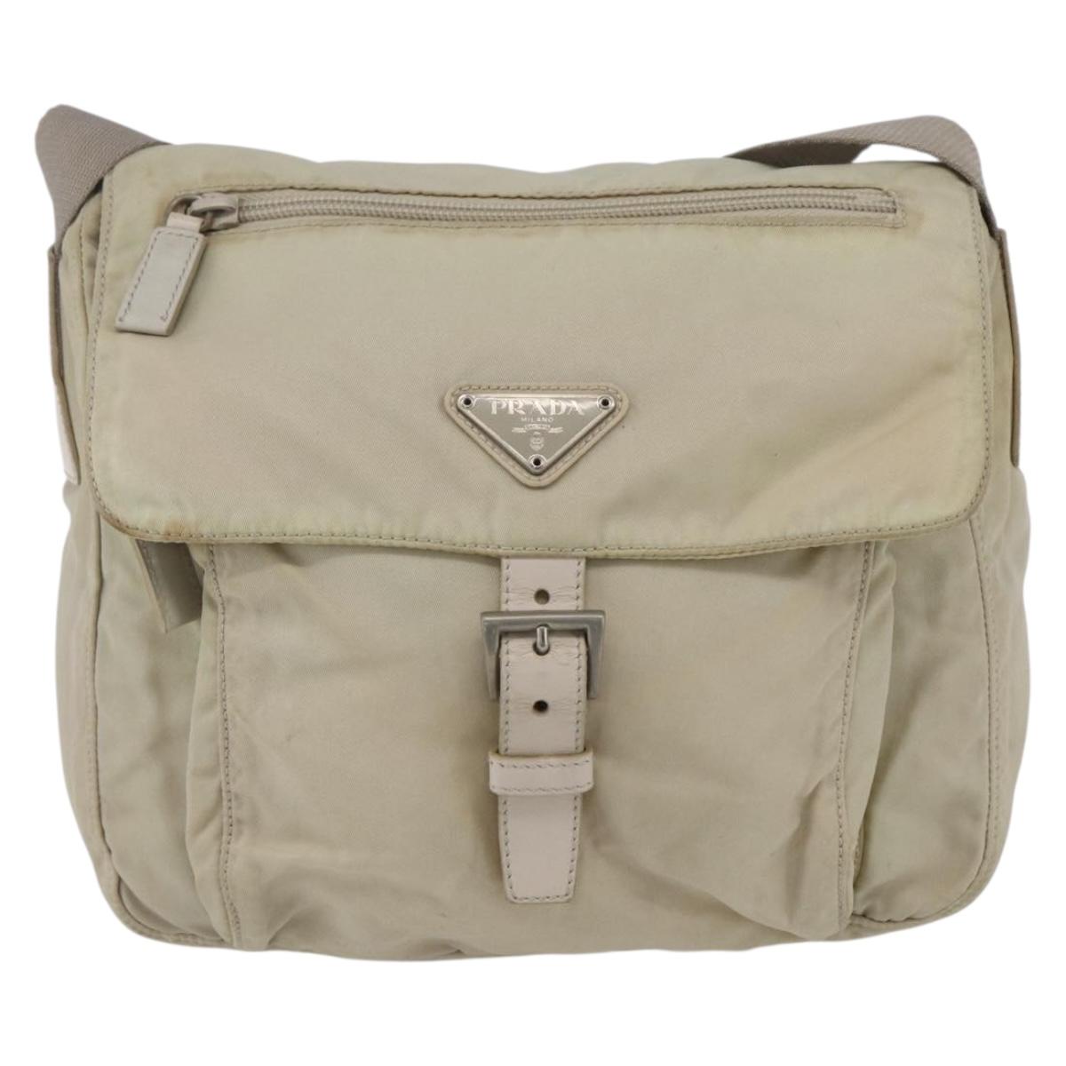 PRADA Shoulder Bag Nylon Beige Silver Auth 151497
