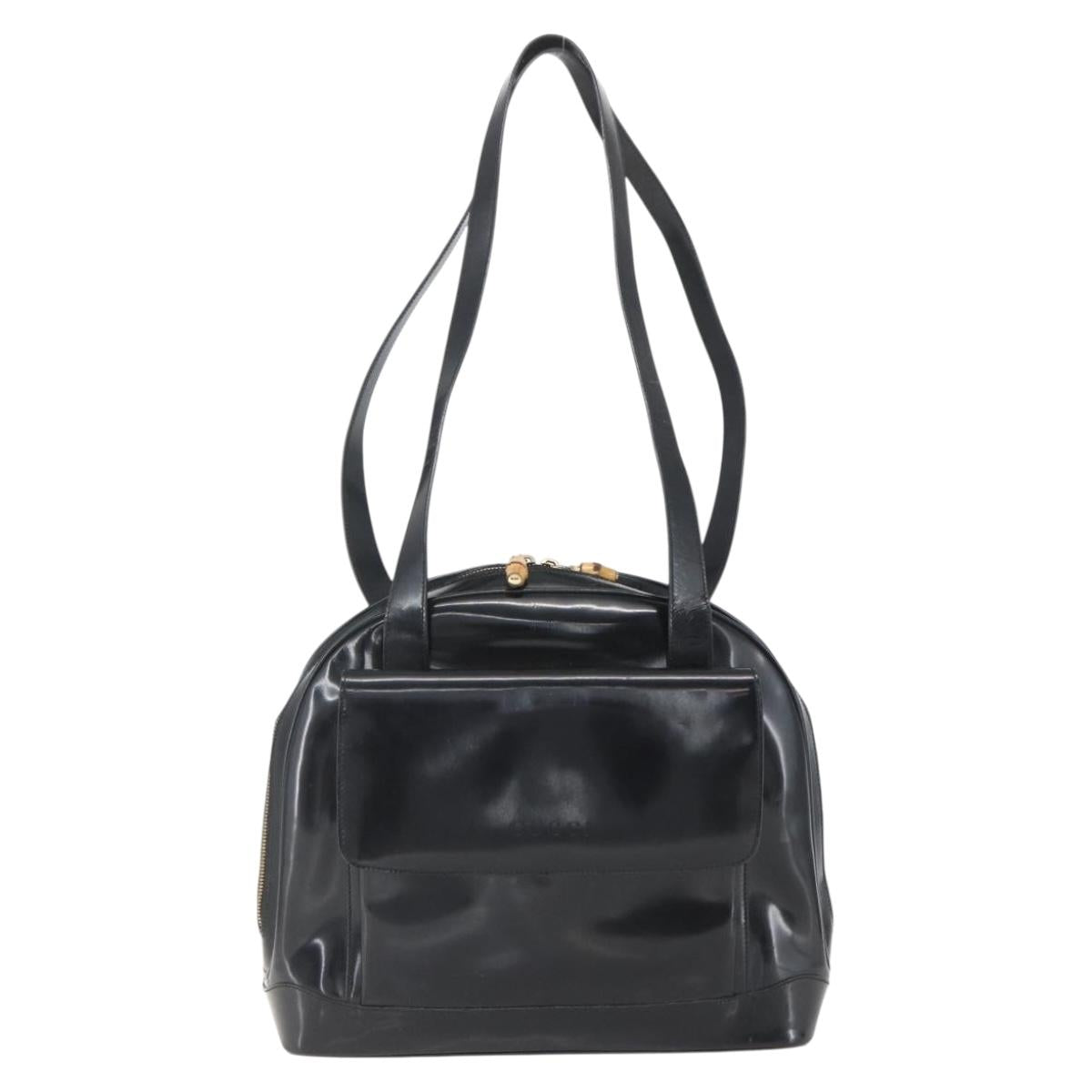GUCCI Bamboo Shoulder Bag Patent leather Black Gold 001 2214 1649 Auth 151510