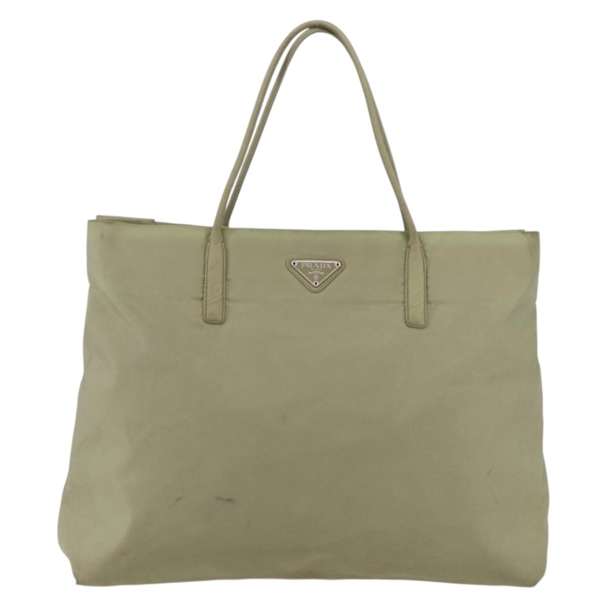 PRADA Tote Bag Nylon Beige Silver Auth 151519