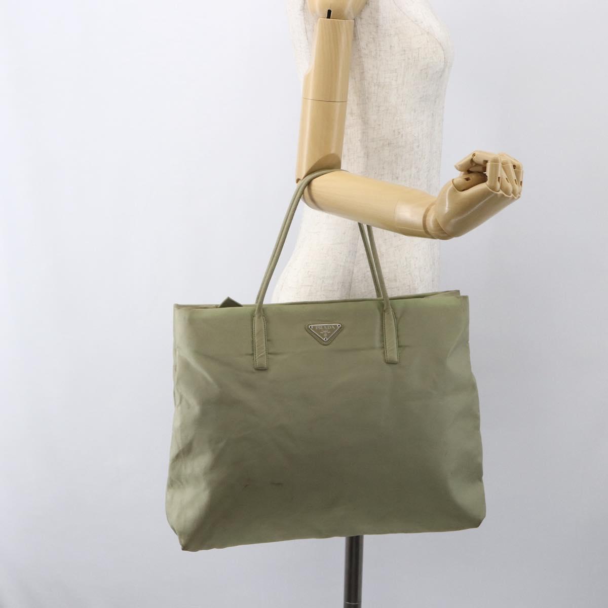PRADA Tote Bag Nylon Beige Silver Auth 151519